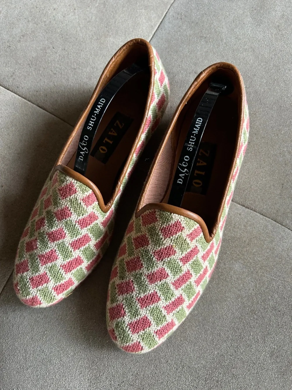 ZALO Women's Needlepoint Loafers with a pink and green diamond patten - Picture 1 of 2